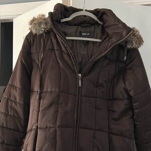 Style & Co. Dark Brown Puffer Jacket with Faux Fur Trim